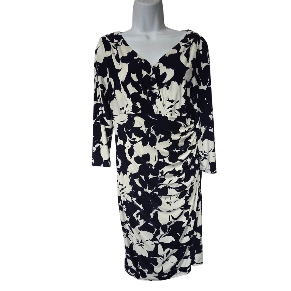 Lauren‎ Ralph Lauren Floral Ruched Sheath Dress 14P Navy White Career Classic